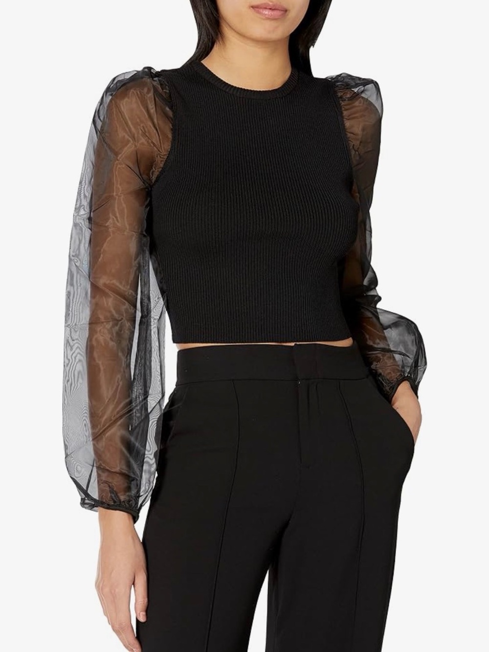 ASTR the label Black backless Sheer-Sleeve Top